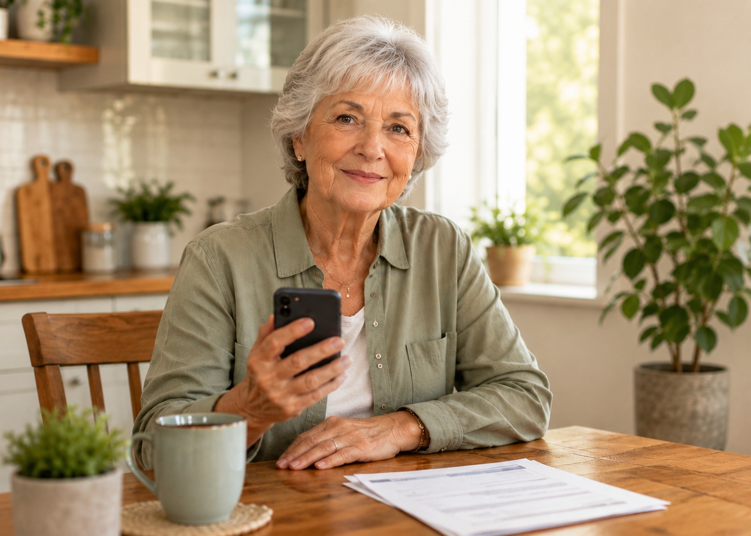 Une dame souriante tient son téléphone à la table de cuisine et envoie un texto